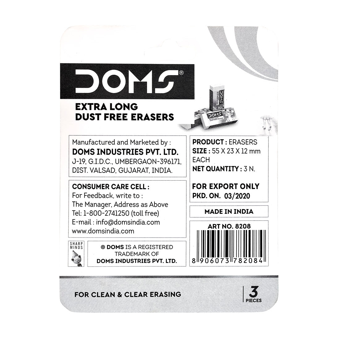 DOMS Extra Long Dust Free Eraser Blister Pack 3 Pcs